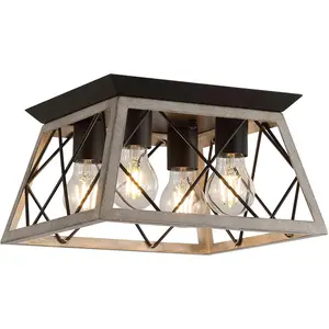 Vintage Farmhouse Flush Mount Ceiling Light Fixture, 4-Light Oak White Semi-Flush Mount Lamp, Rustic Industrial Square Cage Ceiling Light for Dining Room Bedroom Entryway Hallway Kitchen