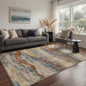 【Summervibes】GENIMO Washable Rug, Non Slip Low Pile Area Rug with Abstract Waves Print for Living Room Bedroom Dining Room, Taupe Glod