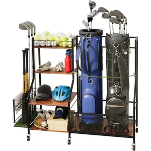 Garage Golf Bag Storage Organizer with Wheels, Heavy Duty Golf Club Rack for 2 Bags, Golf Balls & Accessories, Extra  Equipment Rack