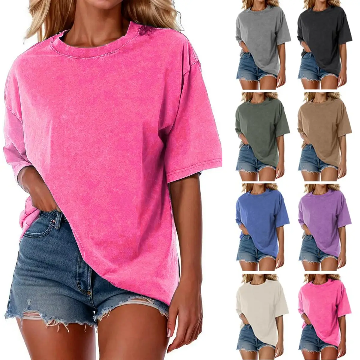 Holafish Acid Wash Oversized Cotton Vintage Tee Top T-shirt Chew Neck Short Sleeves Summer Top Casual Loose FIt Solid Streetwear Tees Basic Womenswear