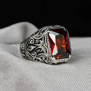 Antique Silver Plated Engraved Pattern Ring for Men, Square Red Cubic Zirconia Inlaid, Vintage European American Style Statement Band, Fashion Punk Hip Hop Jewelry for Daily & Party Wear  accessory gift
