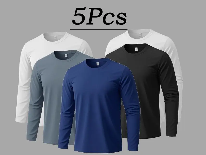 Men’s 5-Pack Stretch Wrinkle-Resistant Casual Basic Crewneck Long-Sleeve Undershirts