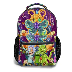 Rick and Morty Y2K Aesthetic School Backpack for Girls, Cute Cartoon Girl Printed Student Bookbag with Mesh Side Pockets, Large Capacity Casual Daypack and Travel Bag for Kids a-53