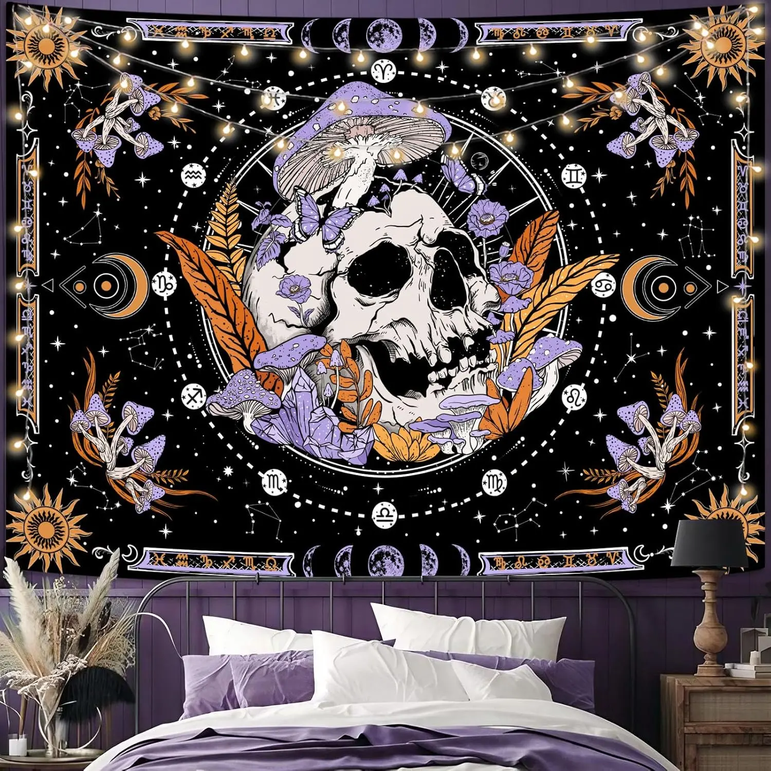 Purple Skeleton Skull Mushroom Print Tapestry - Goth Home Decor, Room Decor, Hanging Wall Art for Bedroom, Living Room (60in × 44in)