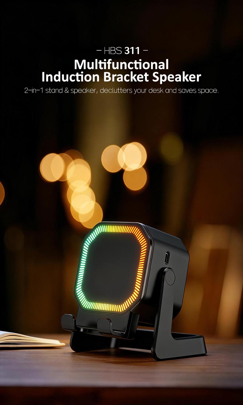 Wireless Induction Audio Speaker Stand - 5-in-1 360° Adjustable Phone/Tablet Holder with 1500mAh Built-in Battery, Colorful Ambient Light - Gift for Men