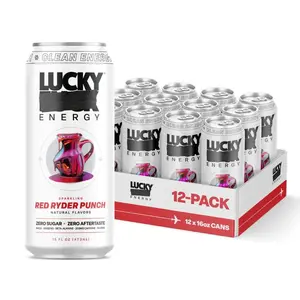 Lucky Energy Sugar Free Energy Drinks 16 Fl Oz Cans (12-Pack) Healthy Energy Drink. Red Ryder Punch with Maca, Ginseng, Taurine, Beta-Alanine, 200mg Caffeine (Packaging may vary).