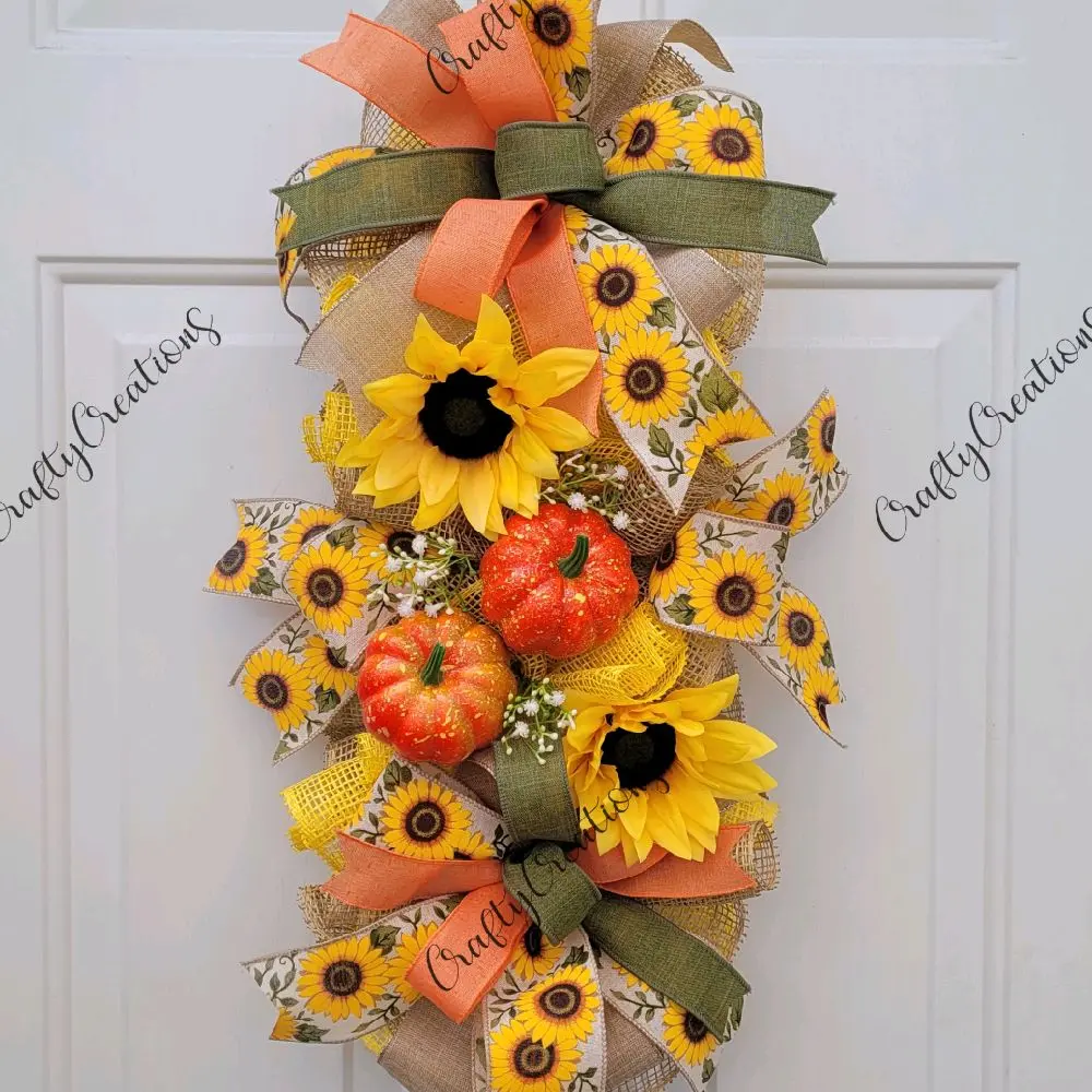 CraftyCreations Fall Swag Wreath with Sunflowers and Pumpkins Autumn Decorative Accessory