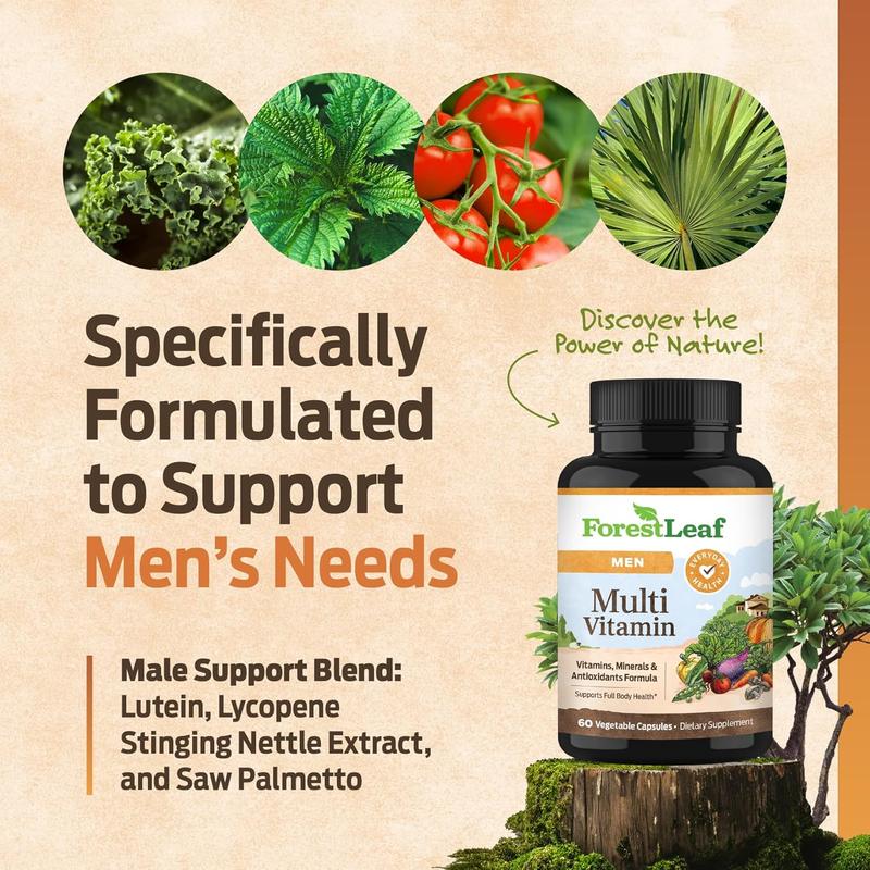ForestLeaf Daily Vitamin Multivitamin for Men, Multi-Vitamin for Men - Mens Multivitamins & Multiminerals Supplement | All Essential Vitamins Needed for Health, Longevity & Energy | 60 Veg Caps