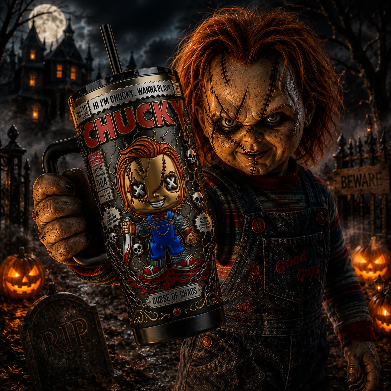 Chucky Killer Doll 40oz Tumbler With Handle, Premium Vacuum Insulated Stainless Steel Travel Mug, Horror Movie Collector's Edition Gift for Chucky Fans