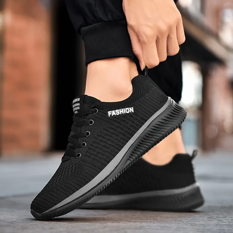 Men's All Black Braid Knit Athletic Fashion Sneakers - Soft Breathable Knit Upper, Lightweight, Solid Casual Trainers, Ready for Casual Jogging and Training, Less Leg Fatigue, Light Eases Long Walks, Move with Ease All-Season Footwear, All Seasons