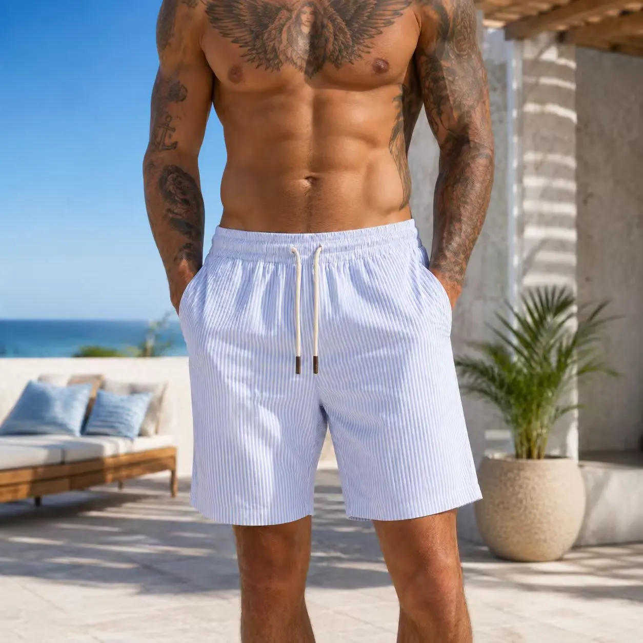 Striped men's quick-dry swim trunks, drawstring elastic waistband summer beach shorts with side pockets