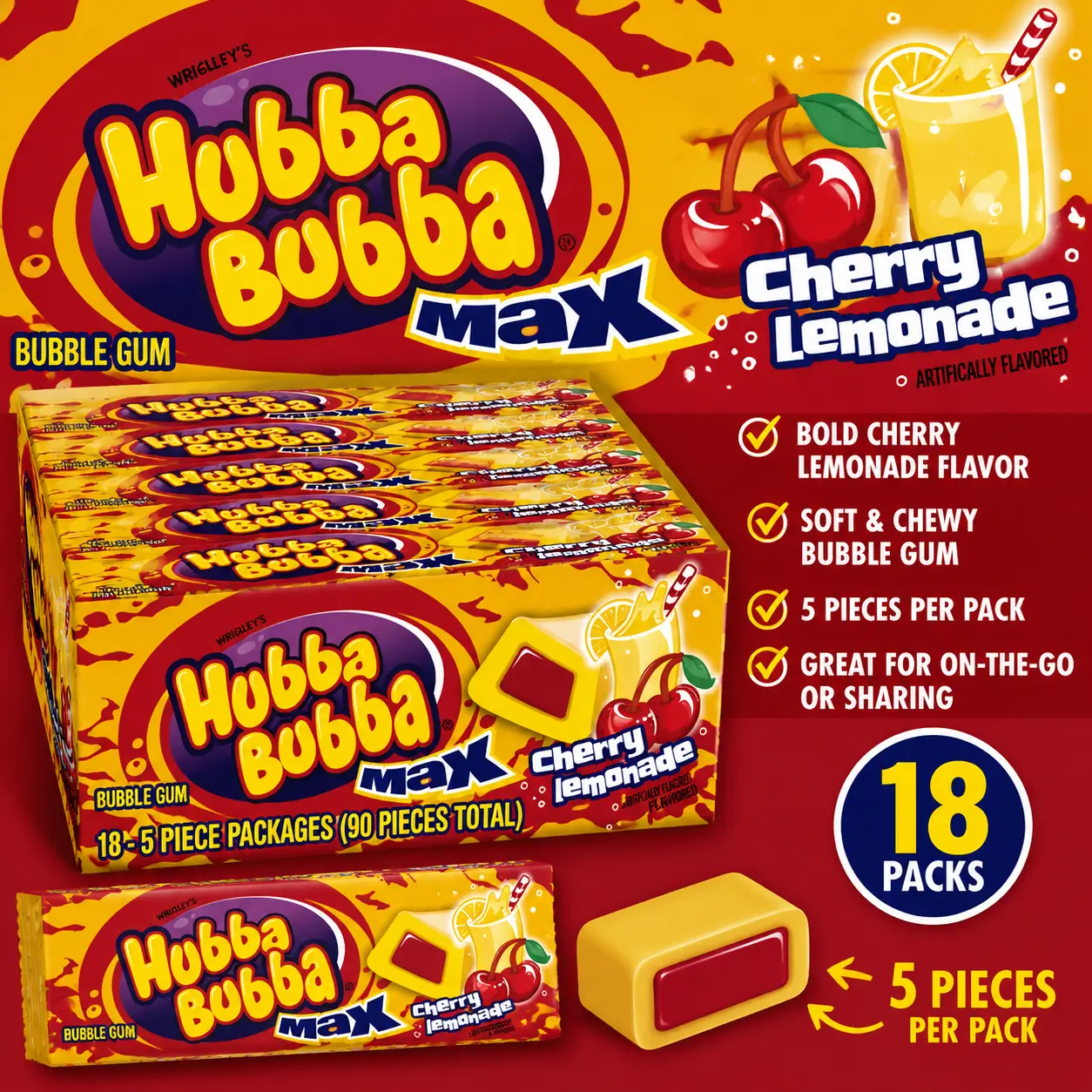 Hubba Bubba Max Cherry Lemonade Bubble Gum 18 Count Fruity Chewing Gum Packs