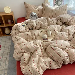 4pc New Year Plaid Striped Twin Set, Cloud Cotton Button Design Dorm Room Essentials, Soft & Stylish Bedding for All Seasons, Soft Bedding Sets