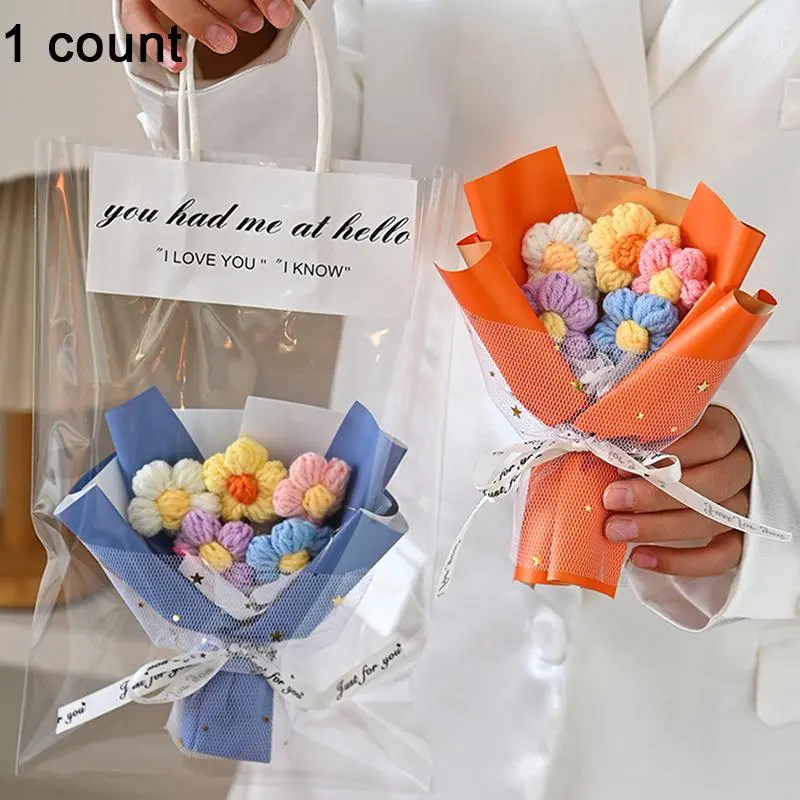 Colorful Knitted Yarn Small Bouquet, Artificial Flower Bouquet with Gift Bag, Birthday Gift, Decorative Fake Flower, Fake Bouquets, Realistic Faux Flowers, Vibrant Faux Flowers, Bouquet Arrangement, Decoration, Faux Flower Decorations