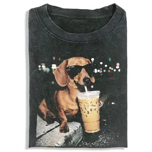 Dachshund Drinking Iced Coffee Tshirt, Unisex Vintage Crew Neck Regular Fit Cotton Fabric Casual Comfort Breathable Short Sleeve Funny T-shirts Fashion Men&Women's Top for Streetwear 021004