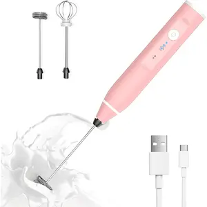 Milk Frother Rechargeable Handheld Electric Whisk Coffee Frother Mixer with 2 Stainless whisks 3 Speed Adjustable  Maker Blender for Coffee Matcha Latte Cappuccino Hot (Classic Pink)