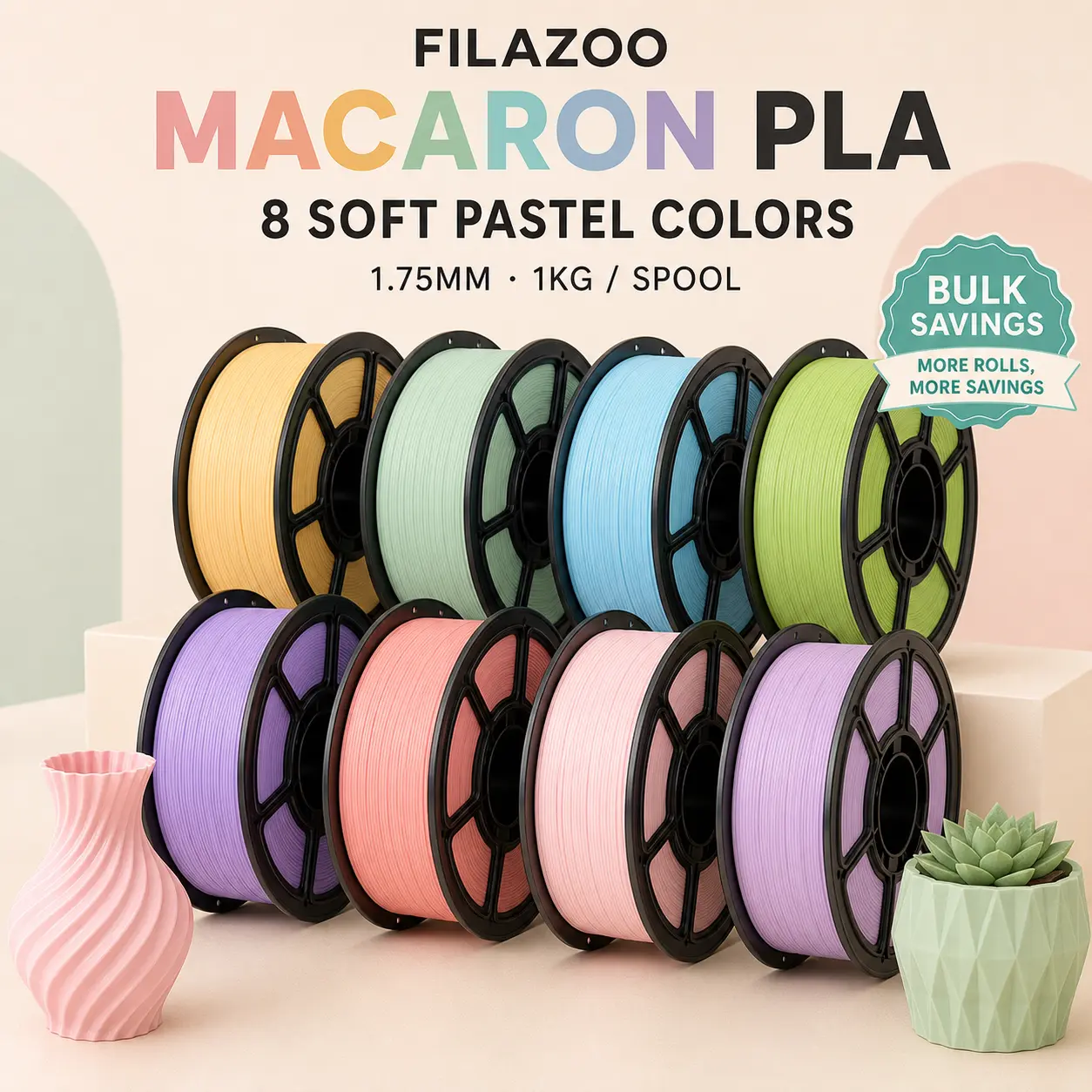 FILAZOO Macaron Color PLA 3D Printer Filament 1.75mm 1KG Spool | Soft Pastel Colors Candy Palette | High Speed Tangle-Free Smooth Printing | Compatible with Bambu Lab X1/P1S/A1, Creality Ender 3, FDM 3D Printers Premium Bundle