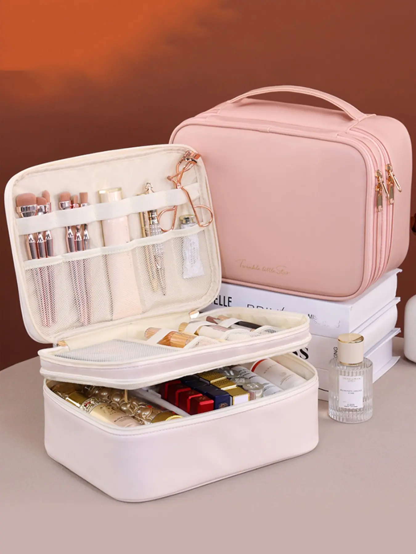 Large PU Double-Layer Makeup Bag, High-Capacity Portable Cosmetic Organizer, Handheld Makeup Case, Elegant Design, Perfect for Travel, Cosmetic Travel Bags