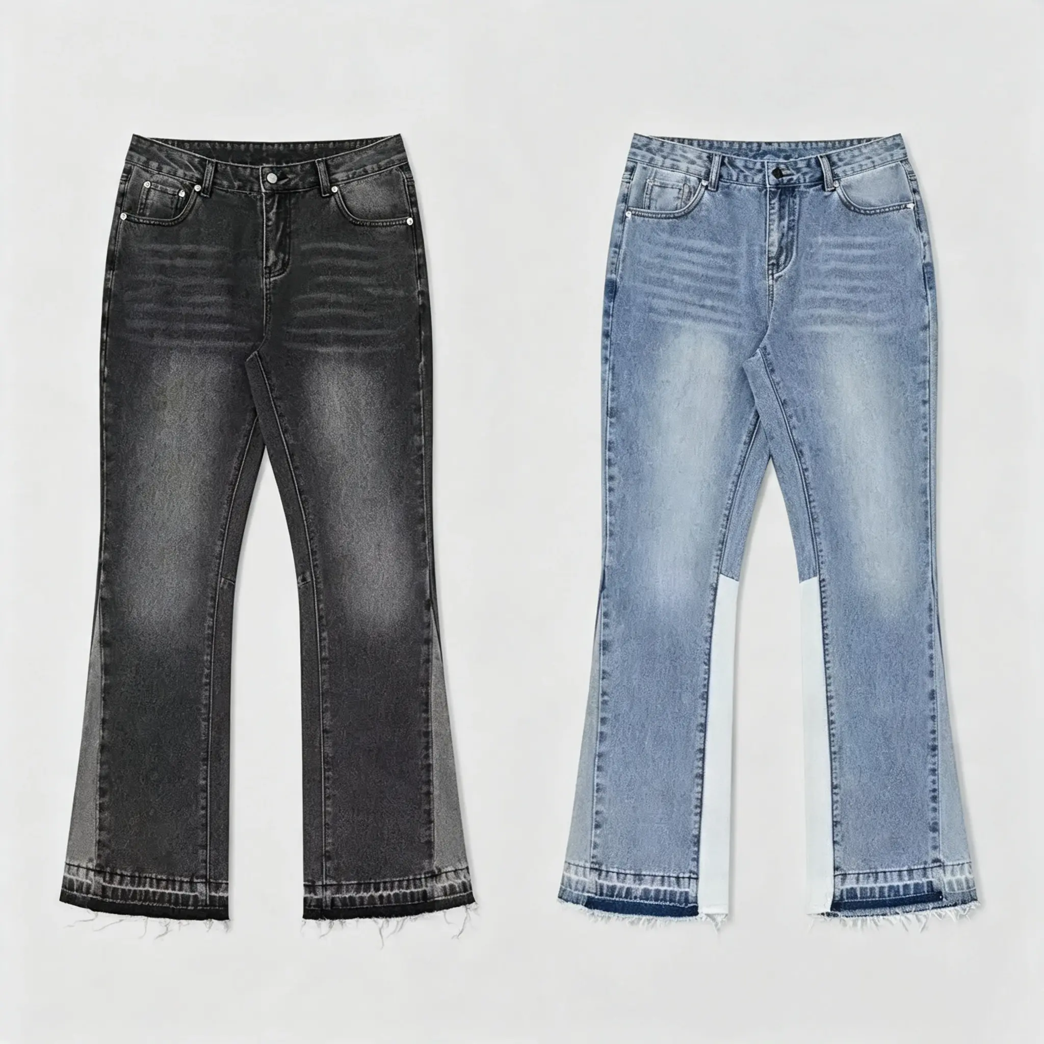 Men's color-blocked slight-flare jeans, two-tone raw-hem fringe bootcut jeans, and Y2K-style distressed loose-fit wide-leg street-style jeans.