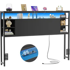 Cyclysio Queen Size Headboard with Power Outlets and RGB LED Light, Sturdy Headboard for Full Size Bed with Storage Shelves, Quick ＆ Easy to Assemble