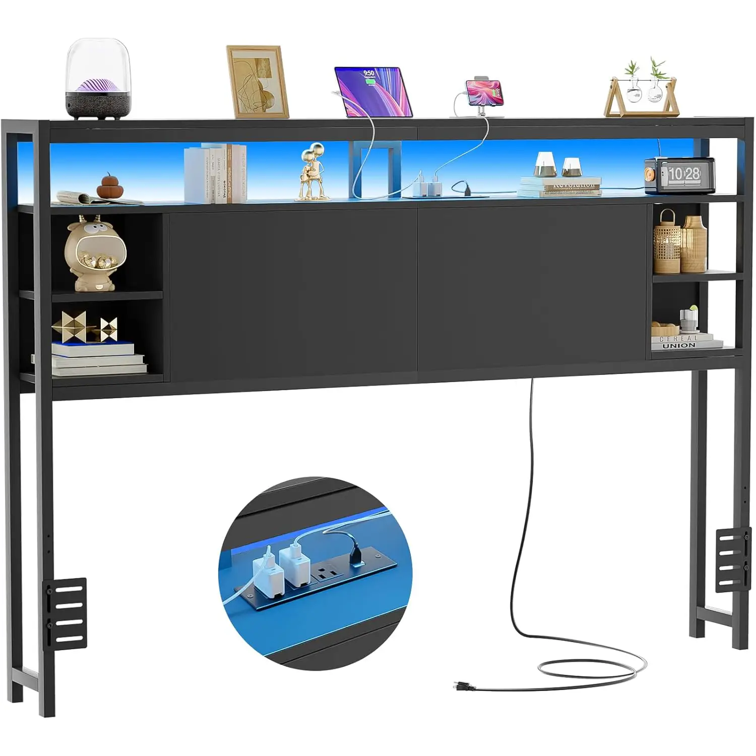 Cyclysio Queen Size Headboard with Power Outlets and RGB LED Light, Sturdy Headboard for Full Size Bed with Storage Shelves, Quick ＆ Easy to Assemble