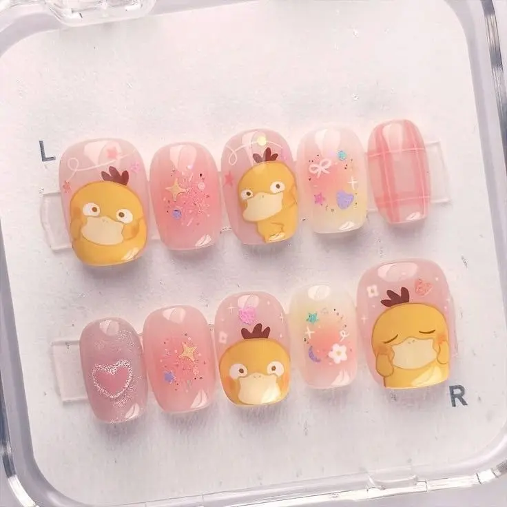 Cute iPsyducker Press On Nails | Handmade Anime Inspired 3D Character Nail Set | Pink Pastel Kawaii Nail Art| FREE Adhesive Tabs  Nail File Cuticle Stick
