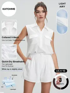 Katch Me Chic Women's Versatile Collared V-Neck Flap Pocket Sleeveless Top & Shorts Co-ord, Breathable Loose Soft Cotton Two Piece Sets, Summer Lightweight Quick-Drying Outfits