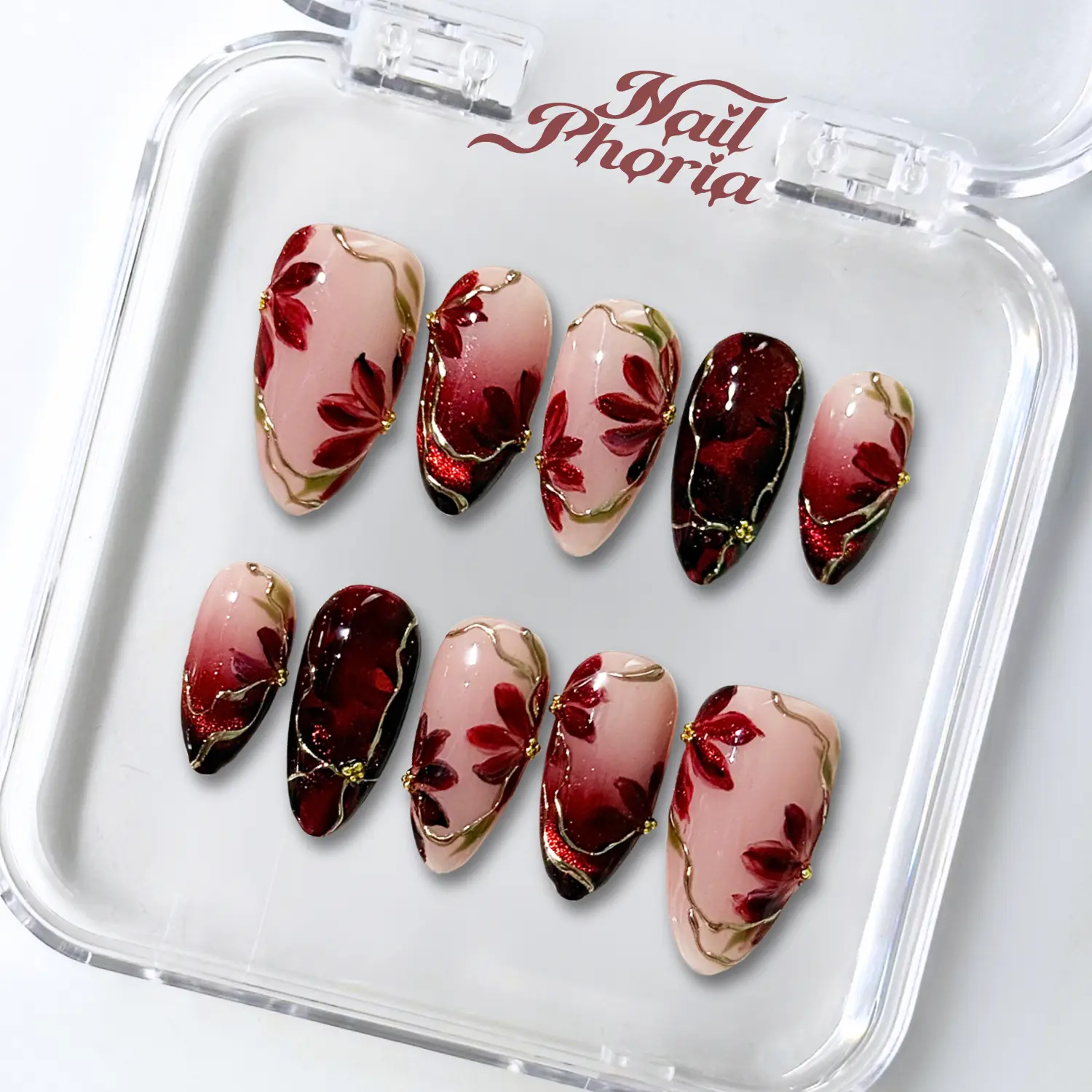 NailPhoria CRIMSON INK - Fall Handmade Press-On Nails | Reusable, Salon-Quality, Long-Lasting, Glossy Design - Short Almond 22mm