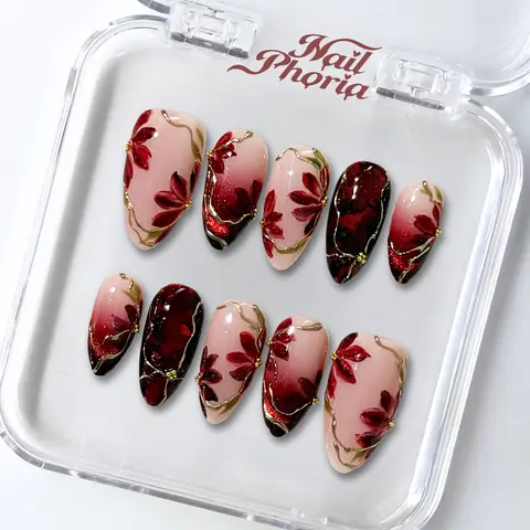 NailPhoria CRIMSON INK - Fall Handmade Press-On Nails | Reusable, Salon-Quality, Long-Lasting, Glossy Design - Short Almond 22mm