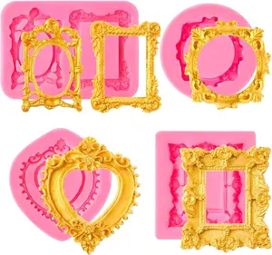 4 Pcs Photo Frame Silicone Molds, Baroque Style Picture Photo Frames Fondant Molds for Cupcake Topper, Chocolate, Candy, Donut Cake Puck Decoration and Clay Craft Making Puyeipt