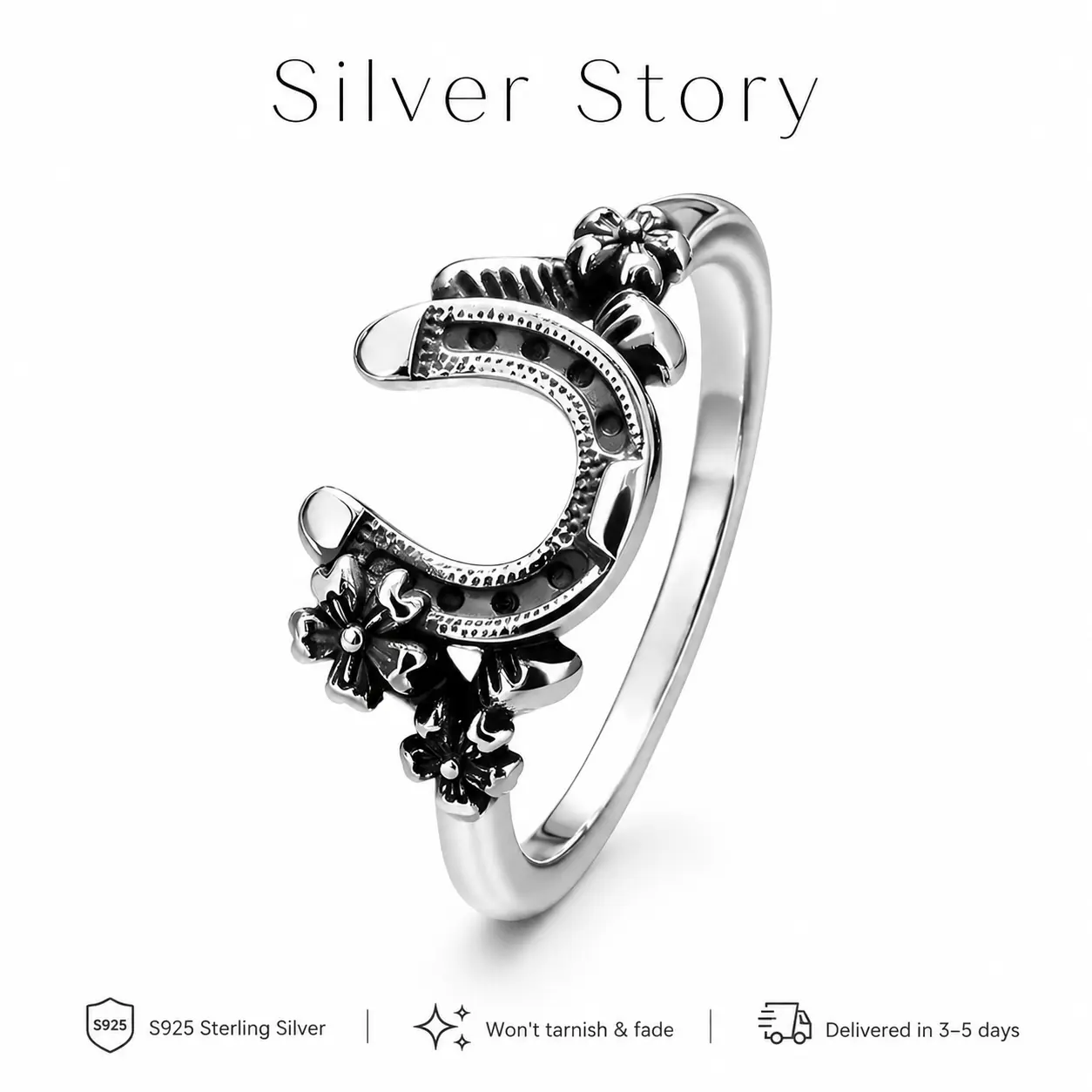 Women's S925 Sterling Silver Oxidized Floral Horseshoe Open Band Ring - Female Ring with Floral Accents, Lucky Symbol, Everyday Wear Western Cowgirl Charm Jewelry for Horse Lovers (Anniversary Valentine Gift)
