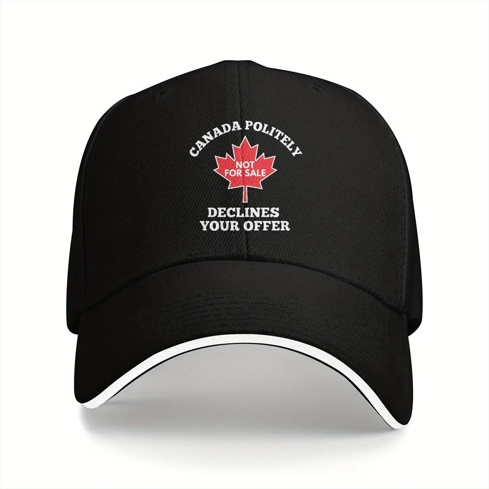 Canada Politely Declines Your Offer Graphic Baseball Cap - Black with White Stitching, Red Maple Leaf Design, Humorous Canadian Pride, Breathable Sporty Casual, Durable Headgear for Male, Female, Everyday Outdoor Activities Accessory