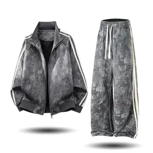 Spring/Autumn New Men’s Set, Casual Trendy Fashion Snake Print Set, Unisex Teenager Versatile Stand Collar Jacket Set, Tie-Dye Casual Set, Loose Versatile Two-Piece Jacket Set