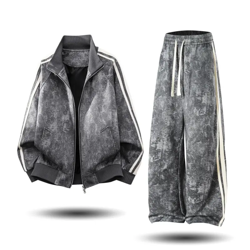 Men’s 2 Piece Vintage Washed Tracksuit Set, Zip Stand Collar Jacket & Cuffed Drawstring Joggers, Contrast Side Stripe Distressed Fabric For Street Sport Daily Outdoor Leisure