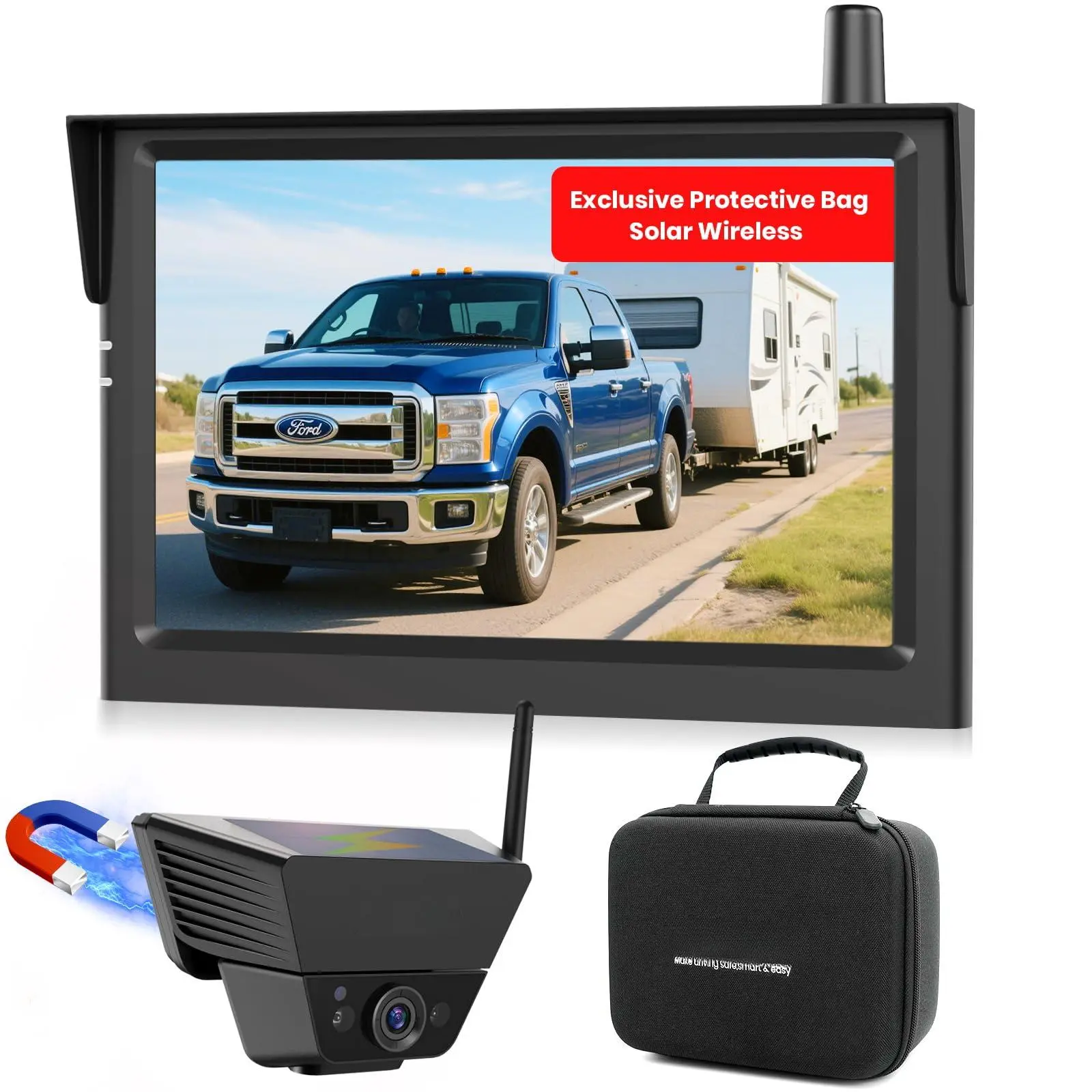Auto Vox Wireless Backup Camera Solar Magnetic: Portable Storage Bag Include 1-min Easy Installation 5" 1080p Monitor  380ft Signal Stable Coverage Up For Truck Suv Rv Trailer Van
