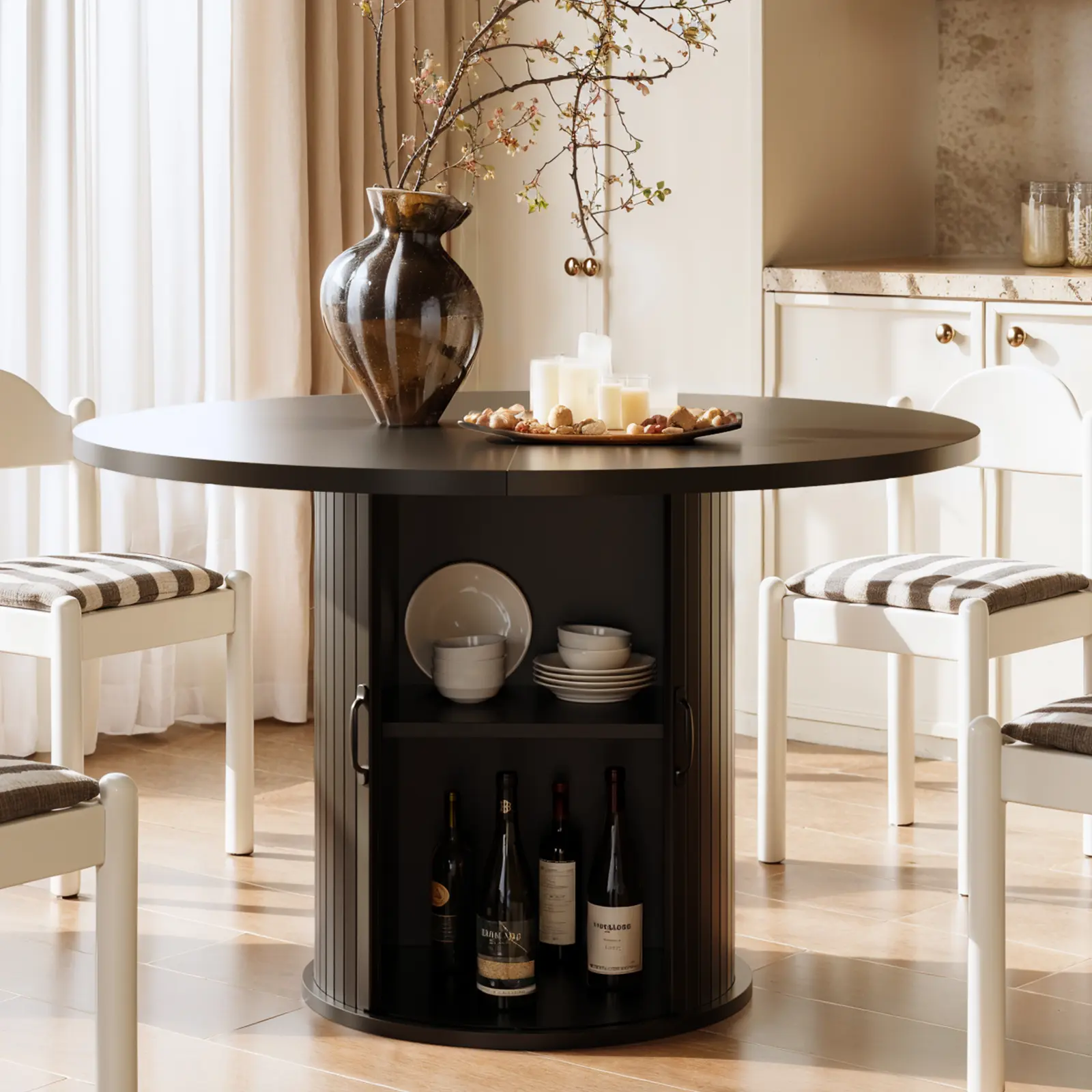 47" Round Wood Storage Dining Table - Modern Fluted Design, 2-Layer Storage with Sliding Door, Farmhouse Indoor Kitchen Furniture for 4, 2-tier Casual Curvilinear Furniture-style Dining Table, 2-Tier Dining Tables, Casual Dining Tables