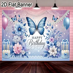 2D flat banner, 1pcElegant Butterfly Birthday Backdrop, Vibrant Pastel Purple and Blue Theme Decorations with Floral Accents and Cursive 'HAPPY Birthday' Text Perfect for Adult and Teen Birthday Celebrations Party Decoration