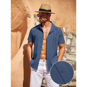 Men'S Cuban Guayabera Shirt Short Sleeve Button Shirts Casual Summer Beach Linen Shirts Top Blue Menswear Polyester vintage summer clothes