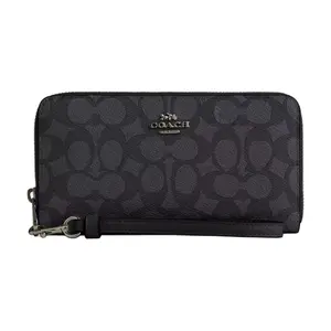 COACH Coach 19 Metal Logo Zip Wallet for Women, Coated Canvas, Classic Style, Charcoal and Black