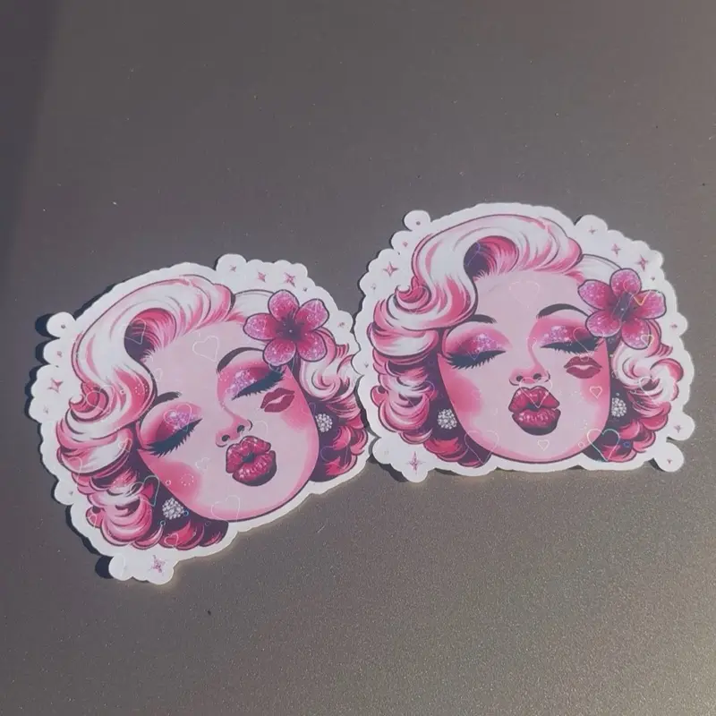 2 Marilyn Monroe Hearts Holographic Waterproof Car Stickers with Pink Floral Design and Sparkling Accents