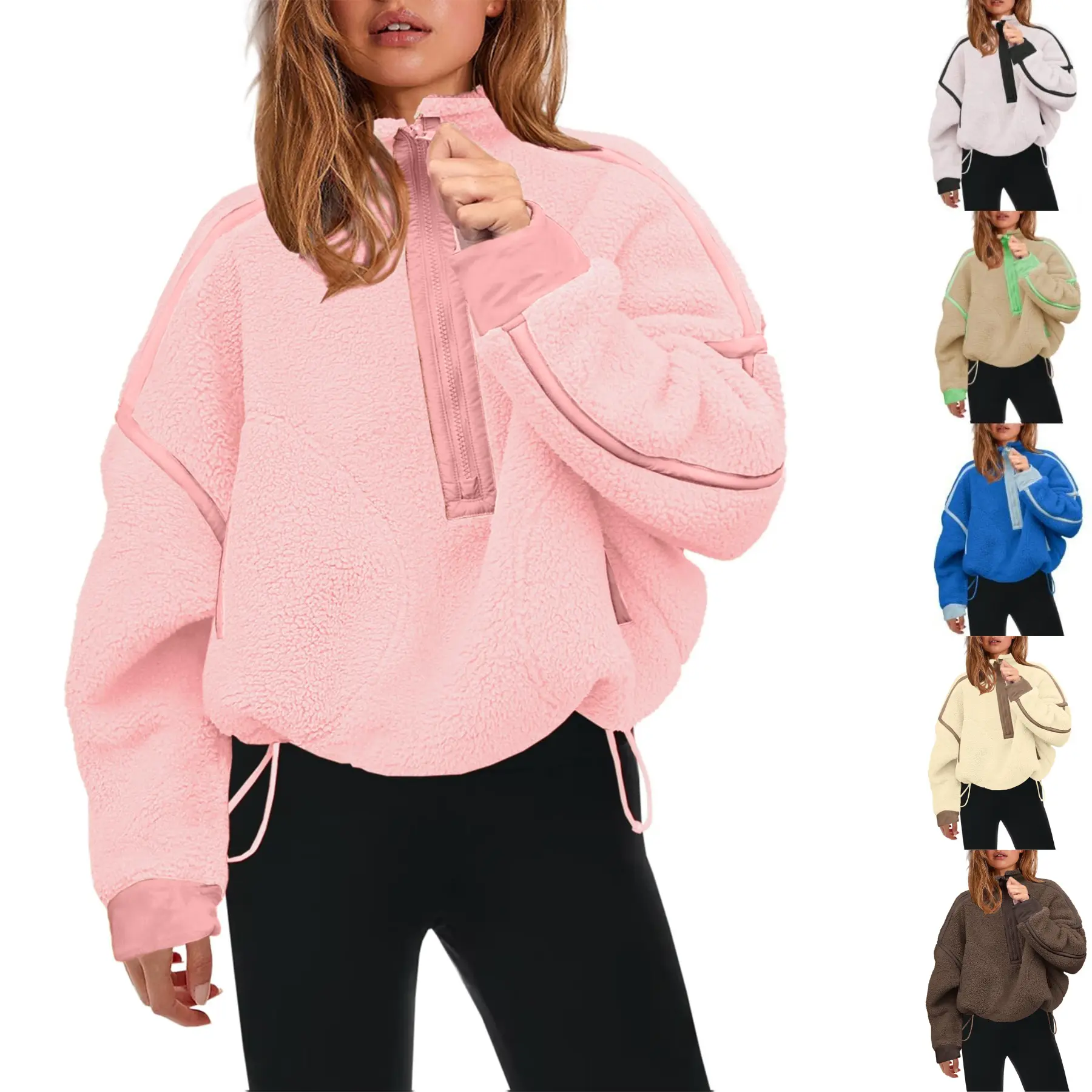 SCUSTY Women's Half Zip Sherpa Fleece Color Block Pullover Soft Oversized Sweatshirt Warm Fuzzy Sweater With Pockets
