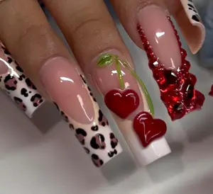 Aura Nails - Cherry Heart Nails – 3D Red Heart Press On Nails, Leopard Print Nails, Valentine’s Day Nails, Long Square Nails, Y2K Cute Nails Set