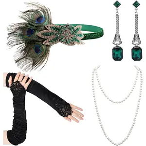 Women 1920s Flapper Set with Headband Beaded Necklaces Earrings Gloves for  Wedding Costume Accessories