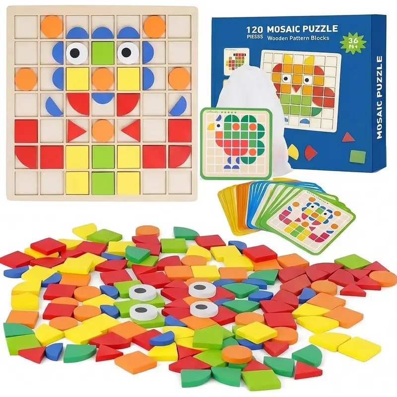 120Pcs Wooden Pattern Blocks Set, Geometric Shape Tangram Puzzle, Montessori Educational Toy with 24 Design Cards, Learning Game for Kids Ages 4-8