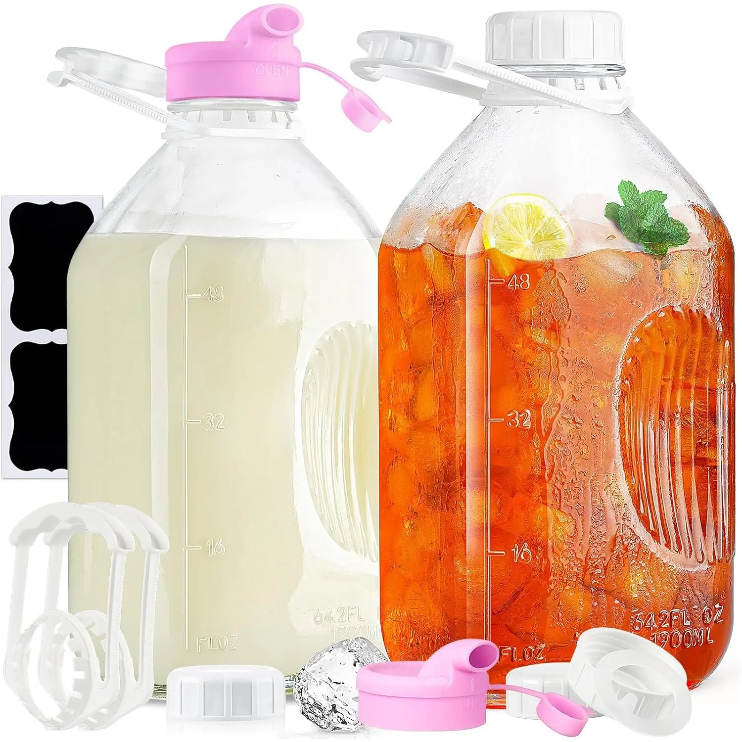 1/2 Gallon Glass Milk Bottles with Airtight Screw Lid & Handle & 2 Spouts - Heavy Duty Glass Water Bottles - Breastmilk Jug Pitcher with Scale Lines, Milk Container for Refrigerator Storage