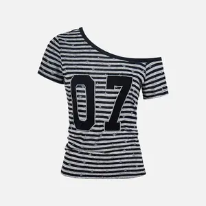 Aelfric Eden Stripe Star Off-The-Shoulder Tee Slim Fit Asymmetric Off-Shoulder Design Stretch Knit Fabric Casual Streetwear Women Top