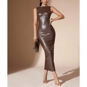 Women's Sleeveless PU Leather and Polyester Bodycon Summer Dress for Prom and Casual Wear Brown Black Tie Elegant Chic Breathable