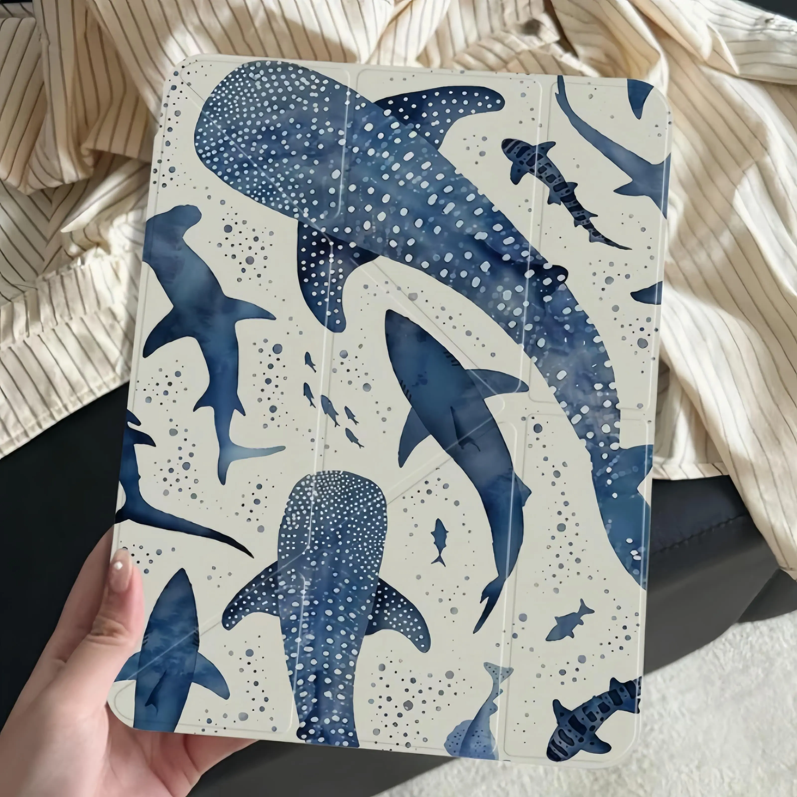 A tablet case with dolphin and shark pattern and pen slot, suitable for iPad Mini, Air, Pro 4, 5, 6, 7 (2017, 2018, 2019, 2020, 2021, 2022, 2023, 2024, 2025 models), and Samsung S6, 7, 8, 9, 10 FE + A7 LTE, SZBCPBT33, Covers, Accessories