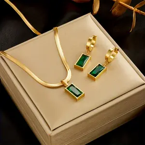 Set of Three Fashion Jewelry Items, Made of Stainless Steel And Featuring Synthetic Cubic Zirconia, Includes a Square Emerald Pendant Necklace And Earrings, Designed in a French Vintage Style, Perfect As a Gift for Both Men And Women spring festival
