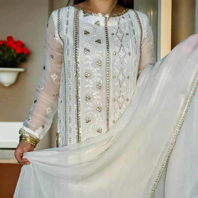White & Gold Pakistani Dress with Shirt, Palazzo Pant, and Dupatta - Chiffon, Floral Embroidery, Lace, Mirror-look work, and Fancy Tassels, Perfect fo
